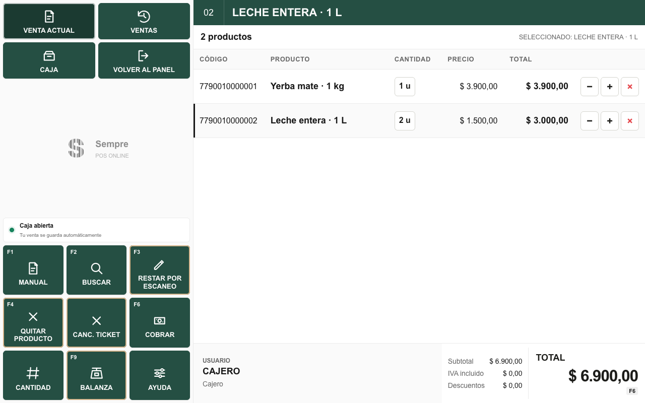 POS Online con una yerba mate y dos leches en el ticket, controles de cantidad a la derecha y total al pie.